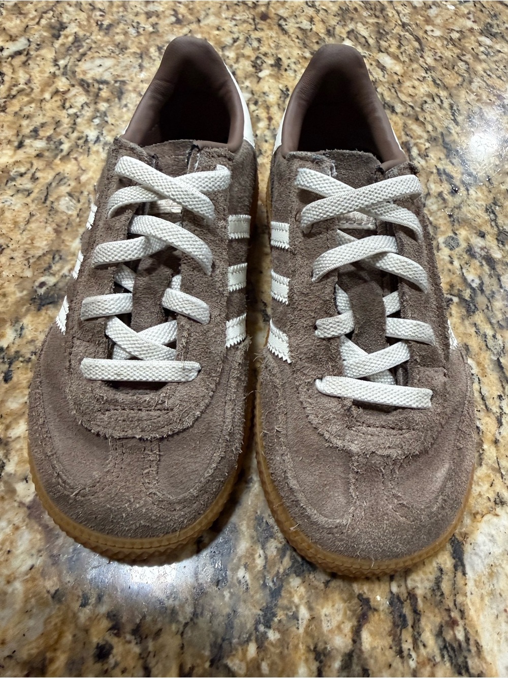 adidas Kids Brown Suede Sneakers with White Stripes